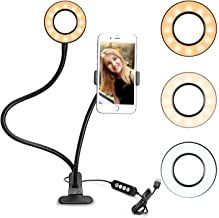 Abrazadera Selfie Anillo Luz con Soporte para Teléfono Movil para Transmisión en Vivo, Youtube, Regulable (Modo 3-Luz, Brillo de 10 Niveles) para iPhone Android Smartphone